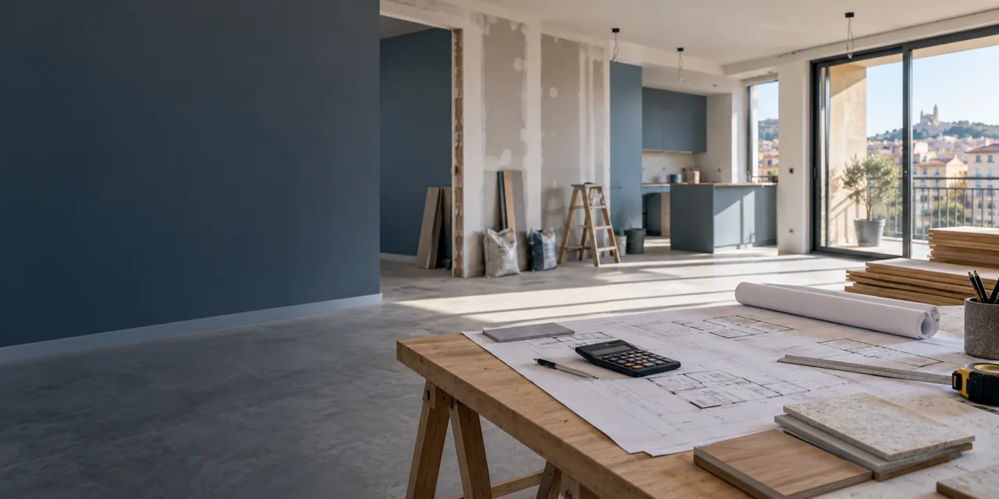 Interior en reforma con planos sobre una mesa de trabajo